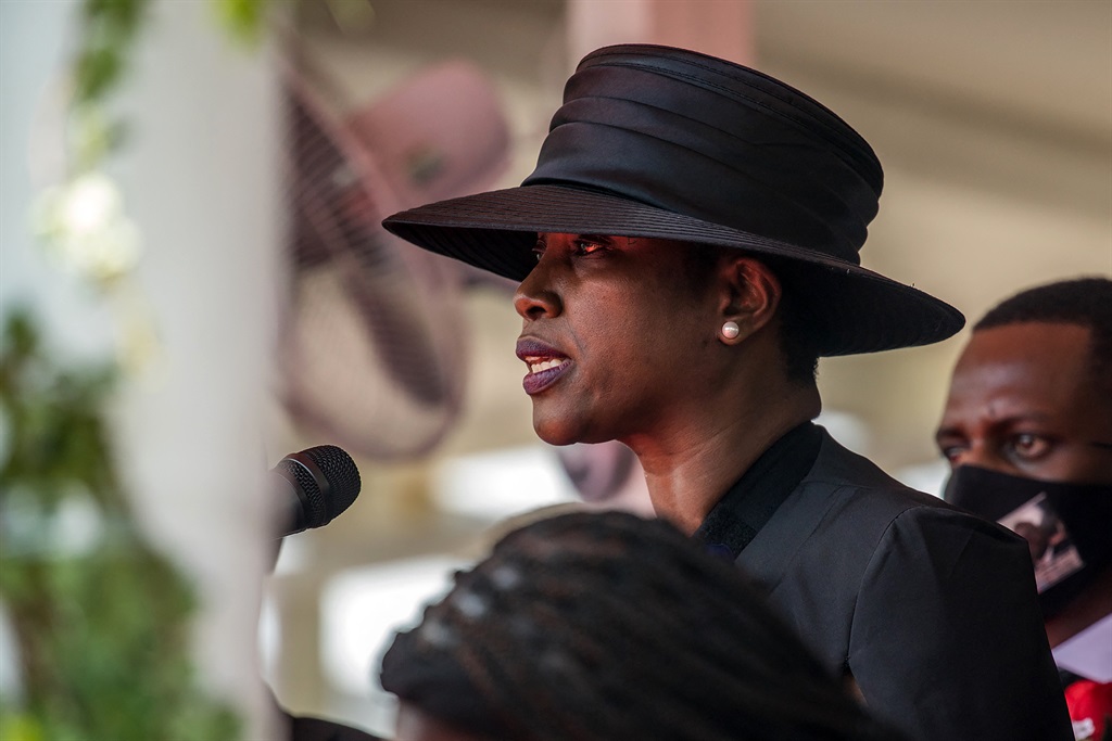 Martine Moise speaks during the funeral for her husband, slain Haitian President Jovenel Moïse, on 23 July 2021, in Cap-Haitien, Haiti, the main city in his native northern region. Moïse, 53, was shot dead in his home in the early hours of 7 July. 
