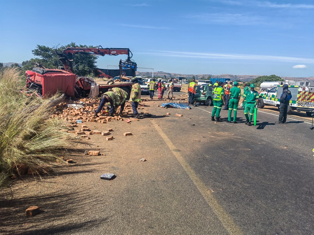 A truck carrying bricks collided with another truck and a light motor vehicle on the R80 road in Tshwane on Wednesday, 22 March.