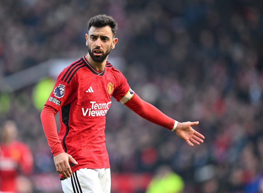 MANCHESTER, ENGLAND - MARCH 09: Bruno Fernandes of Manchester United looks on during the Premier League match between Manchester United and Everton FC at Old Trafford on March 09, 2024 in Manchester, England. (Photo by Michael Regan/Getty Images)