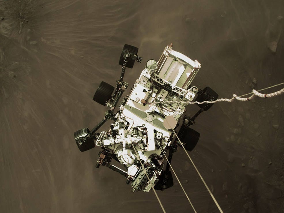 NASA's Perseverance rover descends onto the Red Planet, on February 18, 2021. NASA/JPL-Caltech