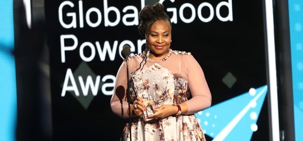 Yvonne Chaka Chaka accepting her award on stage – BET Global Good Power Award. (Photo: Supplied)