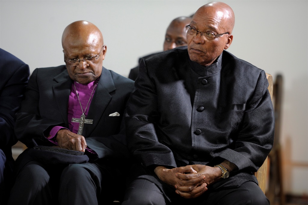 Archbishop Emeritus Desmond Tutu and President Jacob Zuma at the Wesleyan Church in Bloemfontein, South Africa on January 7, 2012 ahead of the ANC centenary celebrations. Photo: Muntu Vilakazi/City Press/Gallo Images