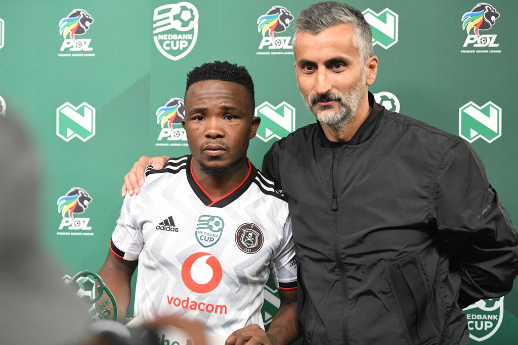 Orlando Pirates coach Jose Riveiro with Paseka Mako celebrates during the Nedbank Cup semi final match between Kaizer Chiefs and Orlando Pirates at FNB Stadium on May 06, 2023 in Johannesburg, South Africa. 