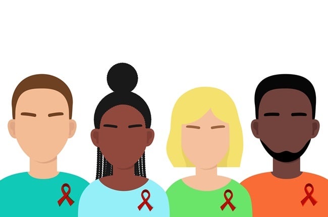 People of Different Races with Red Ribbon. Symbol of the solidarity with HIV-positive and living with AIDS people. Isolated vector illustration
