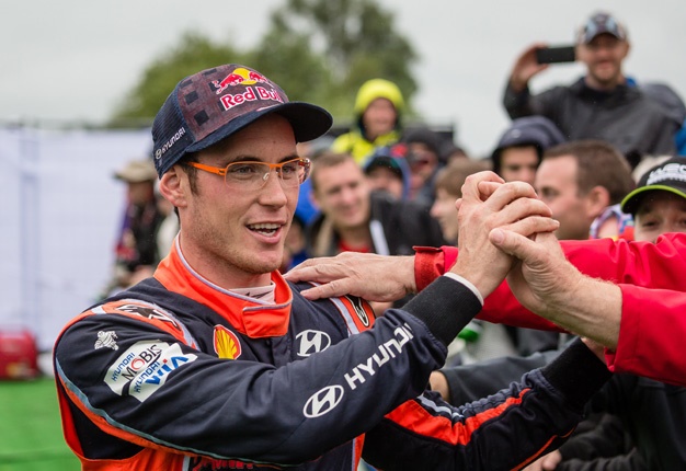 <b>VICTORIOUS:</B> Thierry Neuville from Belgium celebrates first place victory of the Rally of Poland in Paprotki, on July 2, 2017.  <i>Image: AFP / Wojtek Radwanski</i>