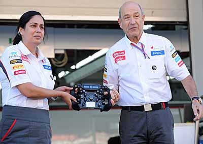 <b>SAUBER FOUNDER STEPS DOWN:</b> Sauber F1's new boss Monisha Kaltenborn and retiring team founder Peter Sauber at the media conference in South Korea where her appointment as CEO was announced. <i>Image: AFP</i>