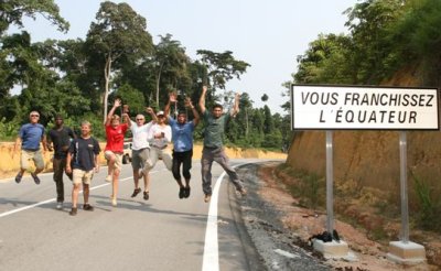 The team reaching the Equator in Gabon.