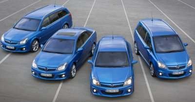 The Opel OPC range, from left is the Vectra estate, Vectra sedan, Astra and Zafira. 