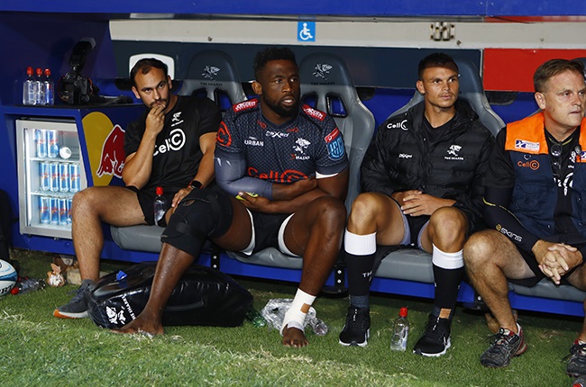 Sharks flanker and Springbok captain Siya Kolisi on the bench after injuring his knee against Munster. 