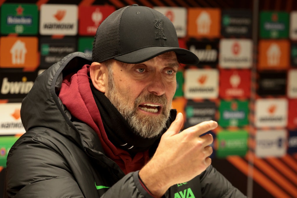 BRUSSELS, BELGIUM - DECEMBER 14: Coach of Liverpool Jurgen Klopp speaks to the media during the post-match press conference following the UEFA Europa League match between Royale Union Saint-Gilloise (Saint-Gilles) and Liverpool FC (LFC) at Lotto Park on December 14, 2023 in Anderlecht near Brussels, Belgium. (Photo by Jean Catuffe/Getty Images)
