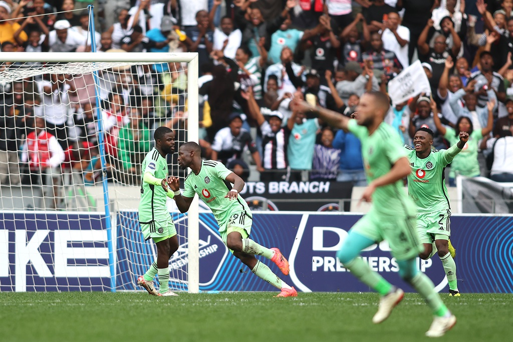 CAPE TOWN, SOUTH AFRICA - MAY 01: Tshegofatso Mabasa of Orlando Pirates celebrates scoring his second goal during the DStv Premiership match between Cape Town City FC and Orlando Pirates at DHL Cape Town Stadium on May 01, 2024 in Cape Town, South Africa. (Photo by Shaun Roy/Gallo Images)