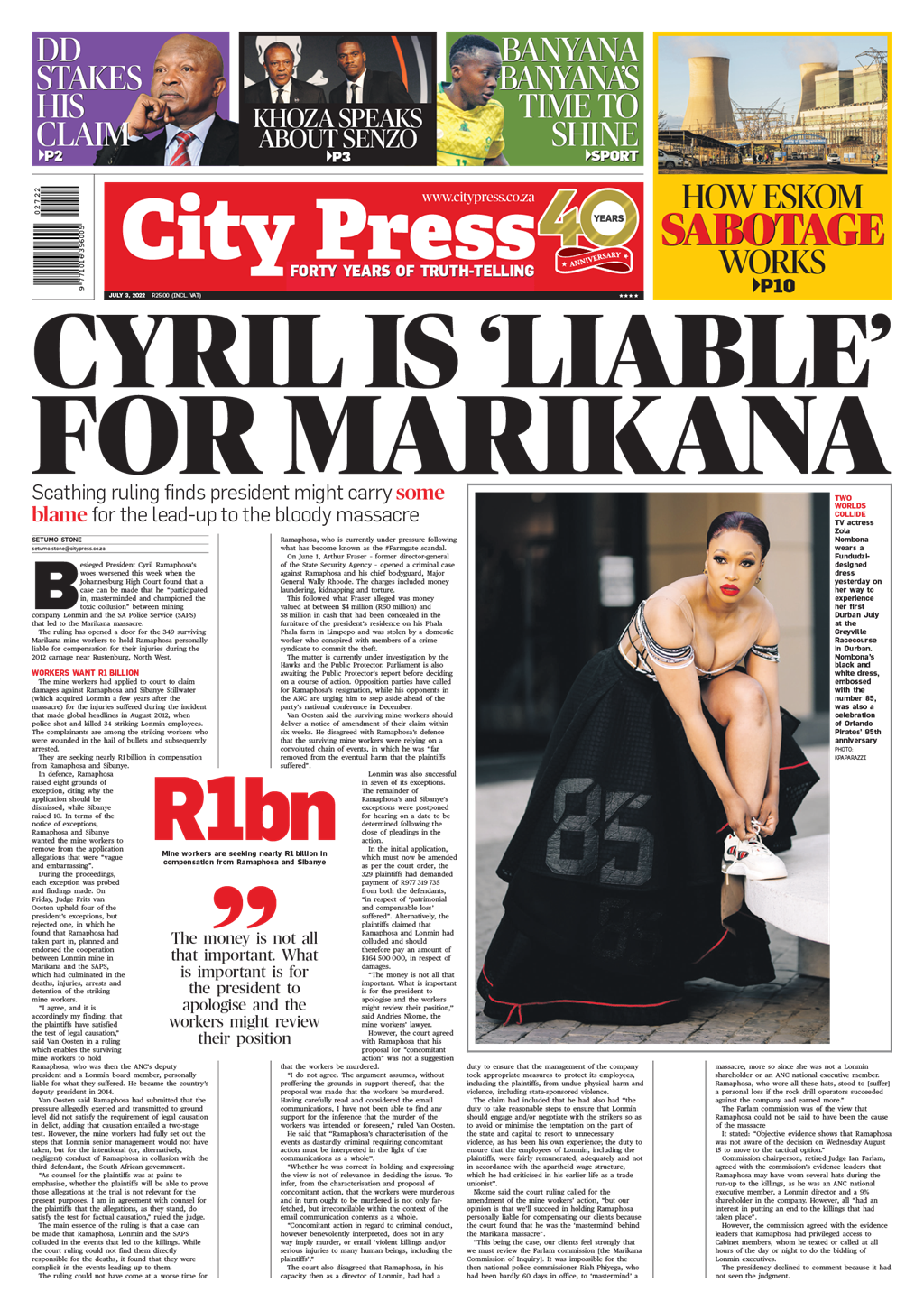 What’s in City Press: Cyril is ‘liable’ for Marikana | ‘I am not at peace over Senzo’, Khoza | How does Eskom’s sabotage work? - News24