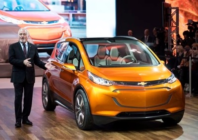 <b>NEXT CHEV EV:</b> Steve Carlisle, MD of GM Canada, introduces the Chevrolet Bolt EV at the 2015 Canadian auto Show in Toronto. Chev will debut a new EV based on the Bolt to take on Tesla. <i>Image: AP/ Darren Calabrese</i> 