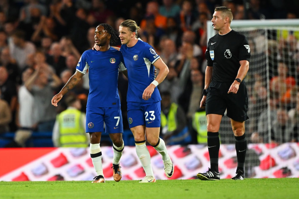 LONDON, ENGLAND - AUGUST 25: Raheem Sterling of Chelsea celebrates with teammate Conor Gallagher after scoring the teams first goal during the Premier League match between Chelsea FC and Luton Town at Stamford Bridge on August 25, 2023 in London, England. (Photo by Clive Mason/Getty Images)