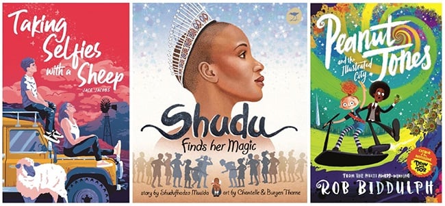 The book covers of Taking Selfies with a Sheep , Shudu Finds her Magic, Peanut Jones and the Illustrated City.