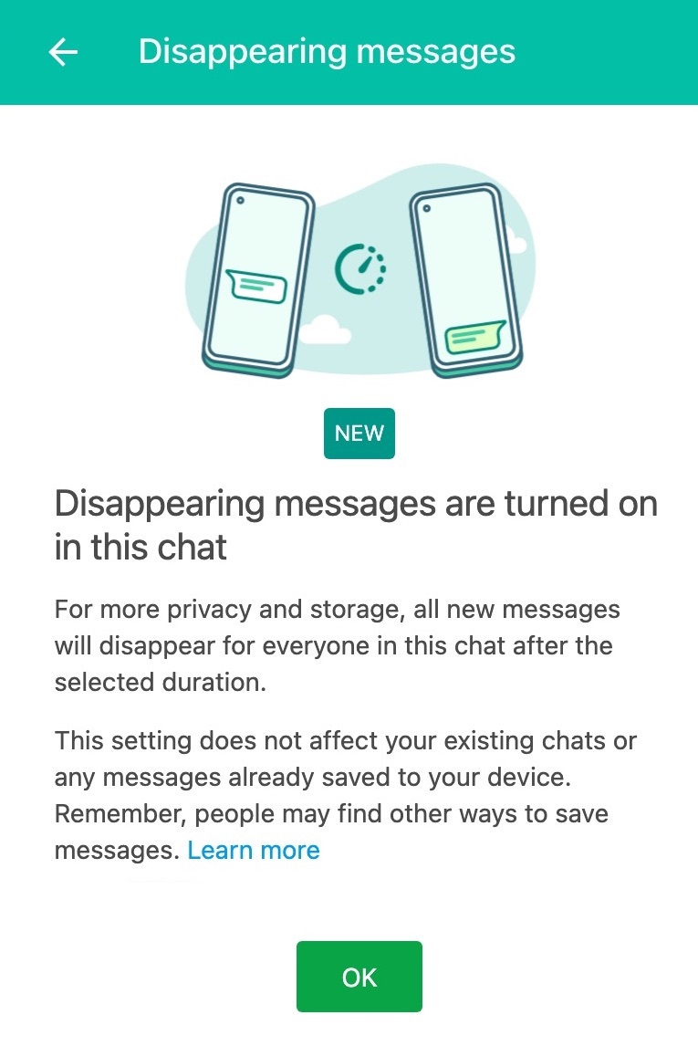 WhatsApp disappearing messages notification on web