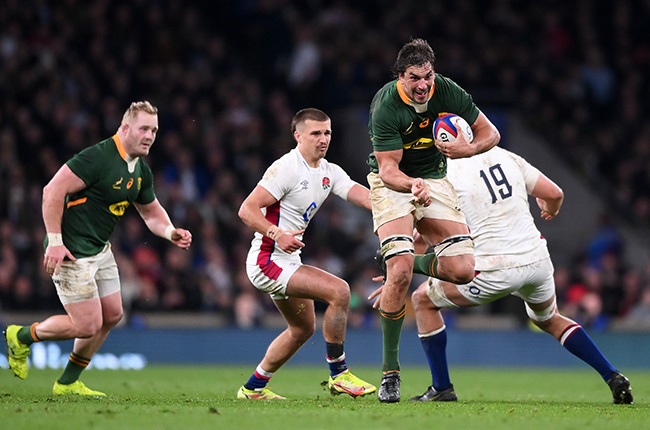 Eben Etzebeth on the charge at Twickenham. (Photo by Laurence Griffiths/Getty Images)