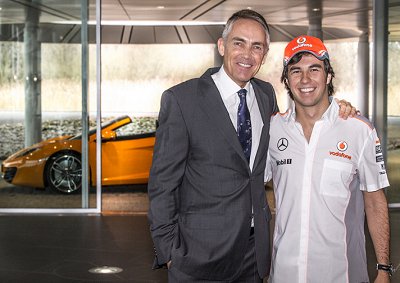 <b>BIG SHOES TO FILL:</b> Sergio Perez (right) poses with his new team boss, McLaren's Martin Whitmarsh, as the team gears up for Formula 1 testing in Jerez, Spain.