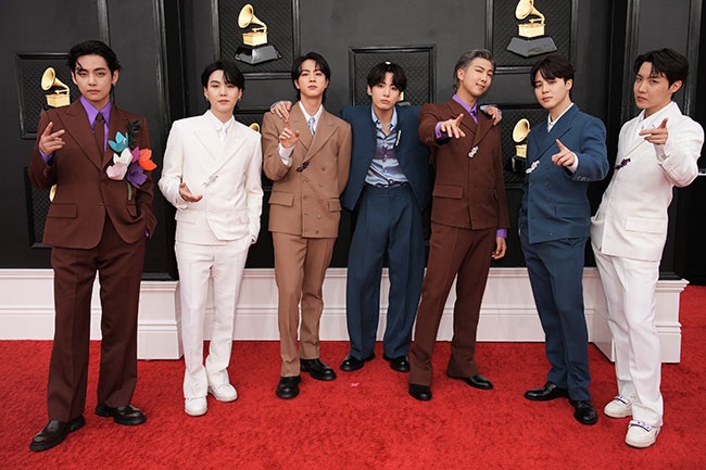 BTS attends the 64th Annual GRAMMY Awards at MGM Grand Garden Arena.