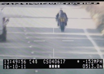  <b>JUSTICE IS SERVED:</b> Above shows rider Steven Tull caught traveling at 244km/h. On the left you can spot a white van he overtook at blistering speed.