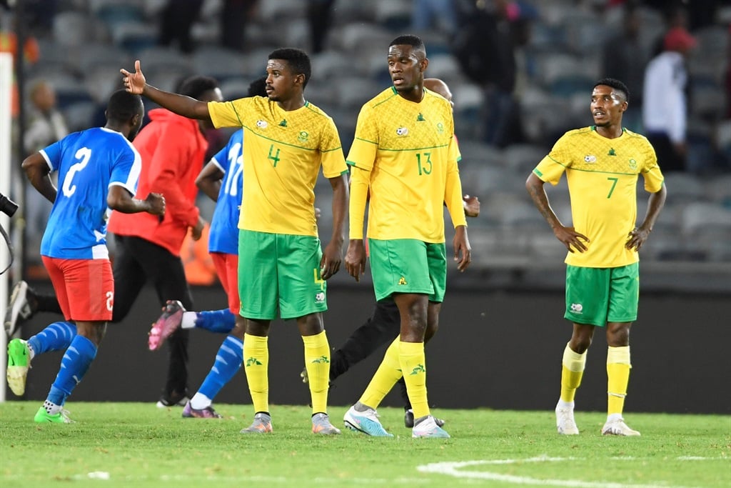JOHANNESBURG, SOUTH AFRICA - MARCH 24: Teboho Mokoena,Sphephelo Sithole and Monnapule Saleng of South Africa looks dejected during the 2023 Africa Cup of Nations qualifier match between South Africa and Liberia at Orlando Stadium on March 24, 2023 in Johannesburg, South Africa. (Photo by Lefty Shivambu/Gallo Images)