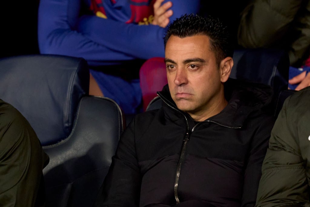 BARCELONA, SPAIN - APRIL 16: Xavi Hernandez, head coach of FC Barcelona looks on prior to the UEFA Champions League quarter-final second leg match between FC Barcelona and Paris Saint-Germain at Estadi Olimpic Lluis Companys on April 16, 2024 in Barcelona, Spain. (Photo by Pedro Salado/Getty Images)