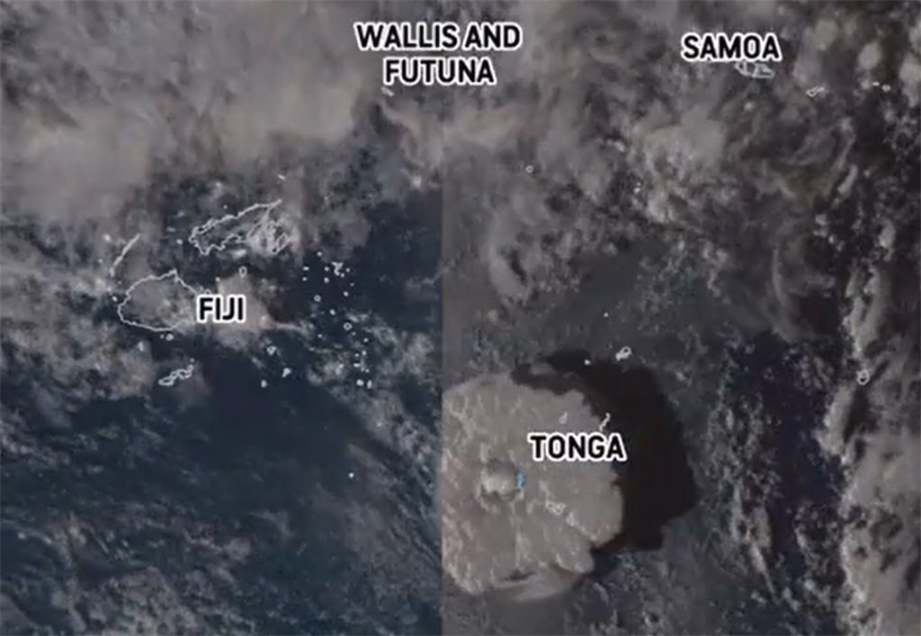 Satellite imagery depicting volcano eruption in Tonga's Hunga.