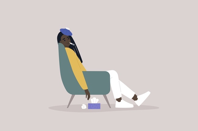 Covid-19 symptoms, a young female Black exhausted character sitting in an armchair with an ice bag on a forehead and a thermometer in her mouth