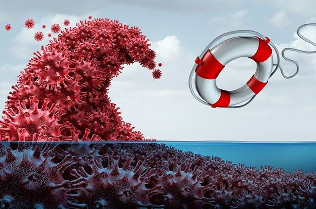 Virus outbreak treatment and second wave infection risk and covid or coronavirus pandemic crisis and influenza as a dangerous flu as a covid-19 concept with a life saver and disease cells as a 3D render.