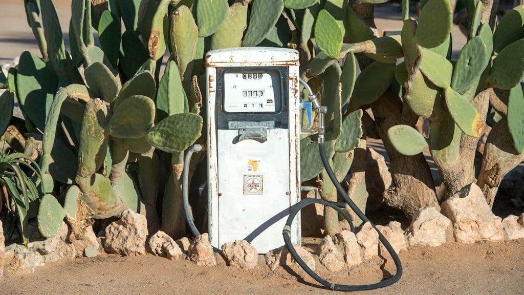 An antique gas pump is situated in front of cacti 