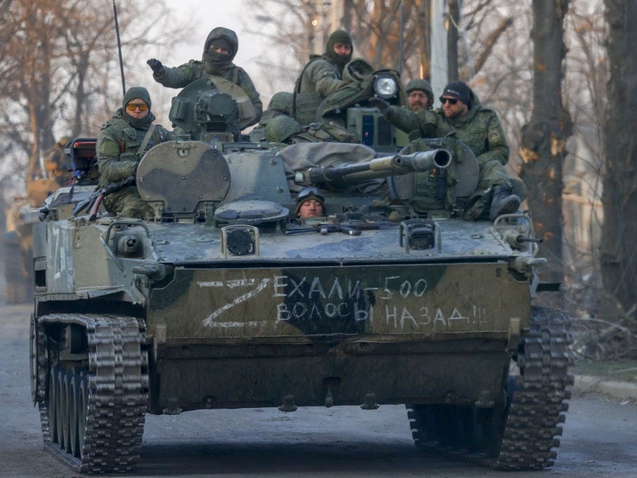 Russian soldiers seen in the Volnovakha district of the separatist-controlled Donetsk region of Ukraine on 26 March.
