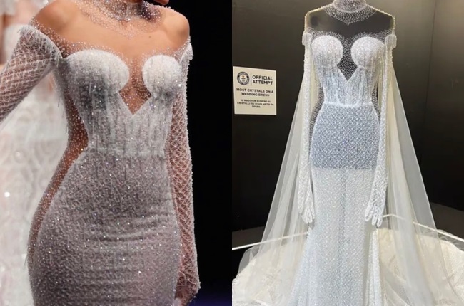 200 hours, 4 months, 50 000 crystals: Designer's wedding dress sets new  world record