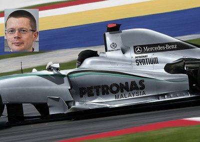 <b>OUT WITH THE 8:</b> Mercedes-Benz high-performance director Andy Cowell (inset) recently offered reporters a sneak peek at the V6 F1 engine Mercedes is developing for the 2014 season.