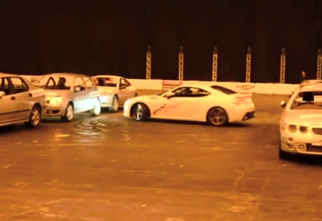 <b>MIND THE GAP:</b> Alastair Moffatt travelled at roughly 48km/h and spun his Subaru BRZ 360° between a narrow lane of cars. <i>Image: YouTube</i>