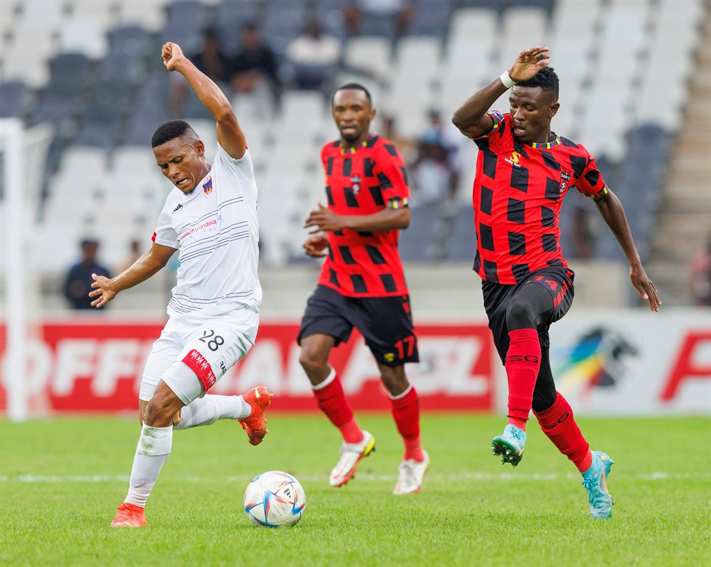 NELSPRUIT, SOUTH AFRICA - MAY 13: Thabiso Lebitso of Chippa United Football Club and Nkosikhona Radebe of TS Galaxy FC during the DStv Premiership match between TS Galaxy and Chippa United at Mbombela Stadium on May 13, 2023 in Nelspruit, South Africa. (Photo by Dirk Kotze/Gallo Images)