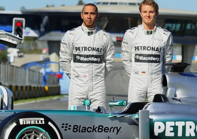  <b>KARTING RIVALS TURNED F1 TEAM MATES:</b> Above shows Mercedes drivers Lewis Hamilton (left) and Nico Rosberg as they test out their 2013 contender ahead of the F1 season.