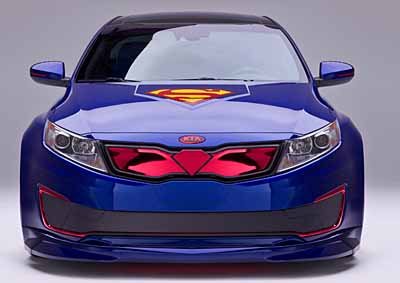 <b>MAN-OF-STEEL OPTIMA:</b> Kia's Optima hybrid with eight comic book-inspired variants will be released through 2013. This is the Superman-themed model on display at the 2013 Chicago auto show.
