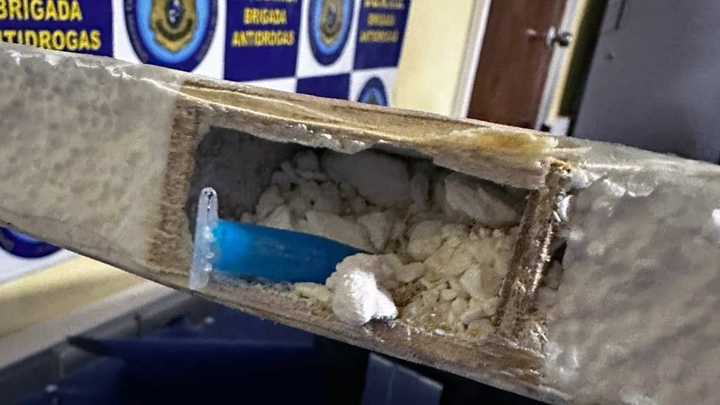 This picture shows one of six surfboards which were stuffed with cocaine and that were seized during an international anti-drugs operation, taken at the headquarters of the Uruguayan National Police Anti-Drug Brigade in Montevideo.