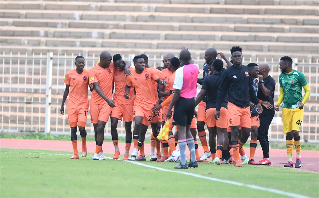 POLOKWANE, SOUTH AFRICA - MAY 14: Francis Baloyi of Polokwane City celebrates goal with team mates during the Motsepe Foundation Championship match between Polokwane City and Pretoria Callies FC at Old Peter Mokaba Stadium on May 14, 2023 in Polokwane, South Africa. (Photo by Philip Maeta/Gallo Images)