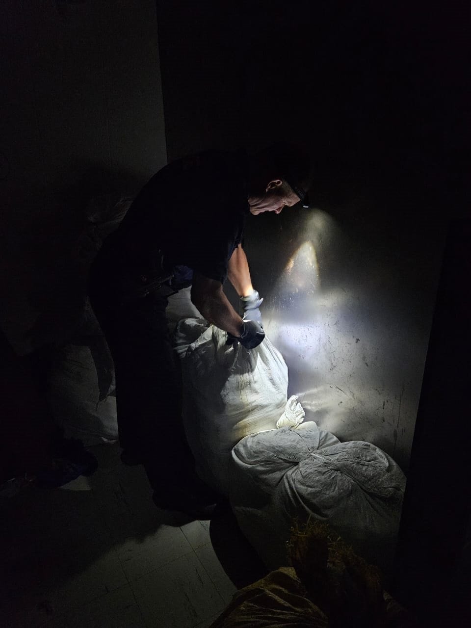 Cop rummaging through dark room with torch