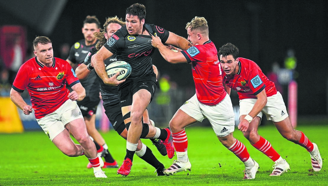 Marius Louw, pictured in the centre against Munster in the URC in September, will captain the Sharks against Griquas in the Currie Cup in Durban on Wednesday