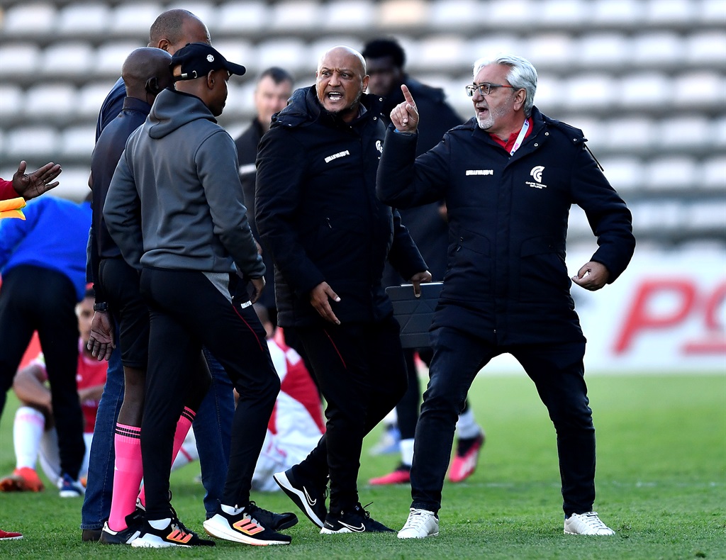 CEO, Alexi Efstathiou and Nasief Morris (Assistant Coach) of Cape Town Spurs during the Motsepe Foundation Championship match between Cape Town Spurs and University of Pretoria FC at Athlone Stadium on May 14, 2023 in Cape Town, South Africa. 