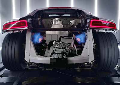 <b>HEAR ME SCREAM:</b> Audi has taken the back off the new R8 for a full view of the 410kW engine - and a full aural blast from the exhausts.