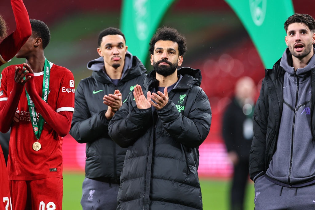 LONDON, ENGLAND - FEBRUARY 25: Mohamed Salah of Liverpool celebrates at full time during the Carabao Cup Final match between Chelsea and Liverpool at Wembley Stadium on February 25, 2024 in London, England. (Photo by Robbie Jay Barratt - AMA/Getty Images)