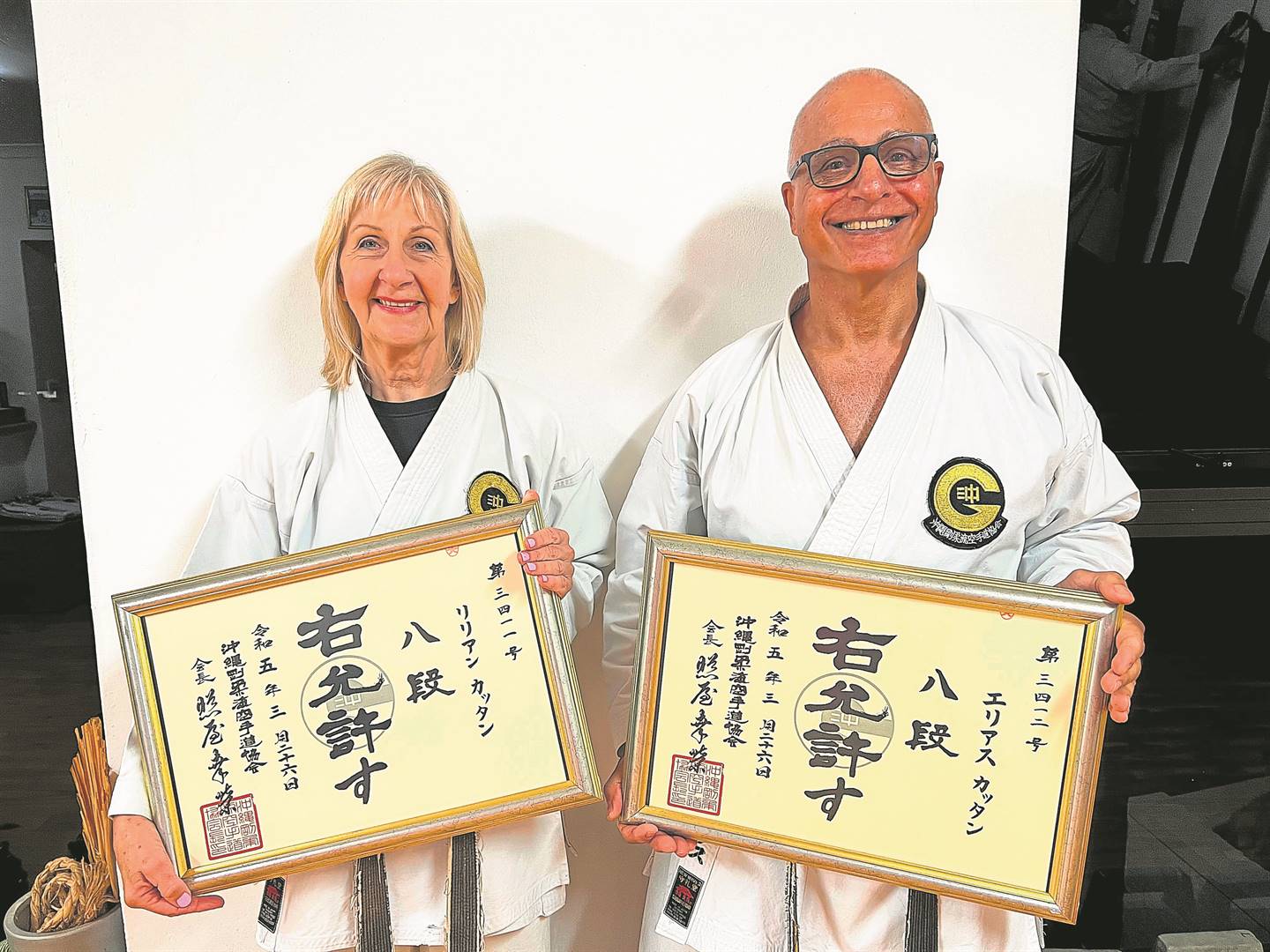 Senseis Elias and Lilian Kattan from Langeberg Ridge with their 8th Dan certificates.PhOTO: Cecilia Hume