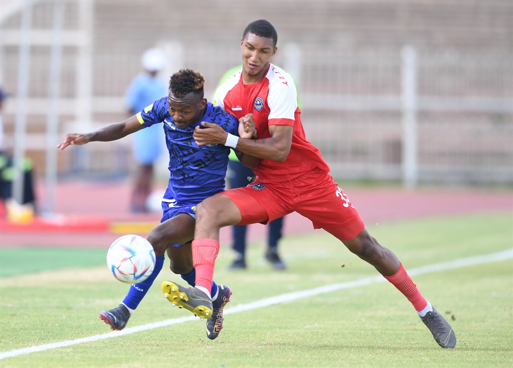 POLOKWANE, SOUTH AFRICA - JANUARY 15: Kagiso Selemela of Magesi and Liam De Kock of NB La Masia during the Motsepe Foundation Championship match between Magesi and NB La Masia at Old Peter Mokaba Stadium on January 15, 2023 in Polokwane, South Africa. (Photo by Philip Maeta/Gallo Images)
