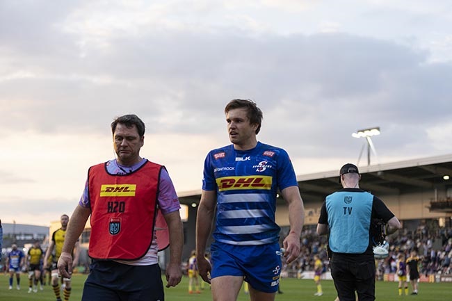 Stormers defence coach Norman Laker and centre Dan du Plessis during the URC match against the Dragons at Rodney Parade in Newport on 10 May 2024. The Stormers won 44-21. (Cole Cruickshank/Gallo Images)