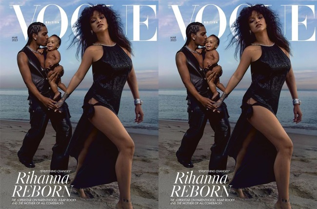 Rihanna, A$AP Rocky and the couple's son on the March 2023 cover of British Vogue.