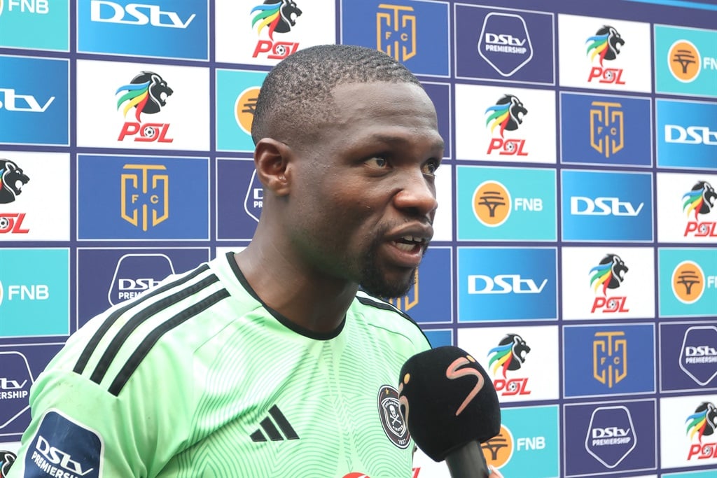 CAPE TOWN, SOUTH AFRICA - MAY 01: Man of the Match Tshegofatso Mabasa of Orlando Pirates is interviewed during the DStv Premiership match between Cape Town City FC and Orlando Pirates at DHL Cape Town Stadium on May 01, 2024 in Cape Town, South Africa. (Photo by Shaun Roy/Gallo Images)