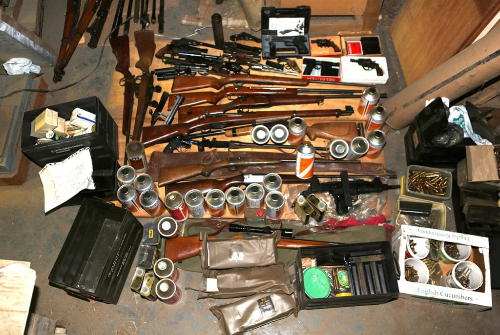 A 62-year-old suspect was arrested after cops uncovered an arms cache comprising rifles, 9mm pistols, an assortment of rounds of ammunition, and other heavy weapon artillery. 